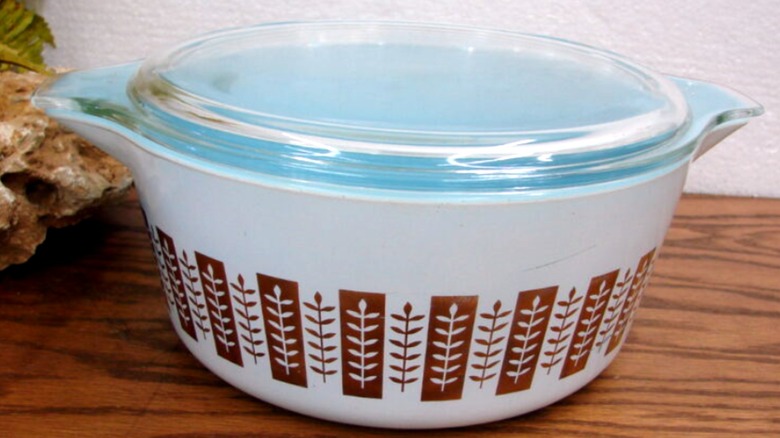 Pyrex casserole dish with golden leaf design