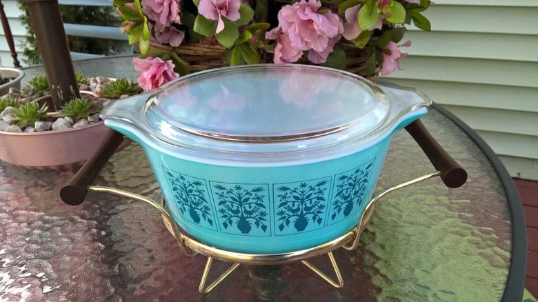 Blue Pyrex dish with tree print