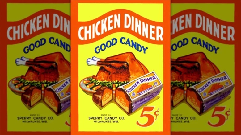 chickien dinner candy bar ad with roasted chicken in background