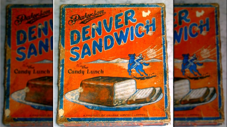 box for denver sandwich candy bar featuring cowboy, horse, and chocolate on a plate