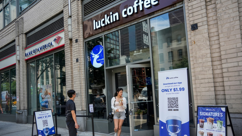 The exterior of a Luckin Coffee shop is seen on the day of its opening