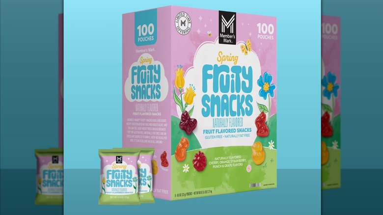 A pink and green box of Member's Mark Spring Fruity Snacks