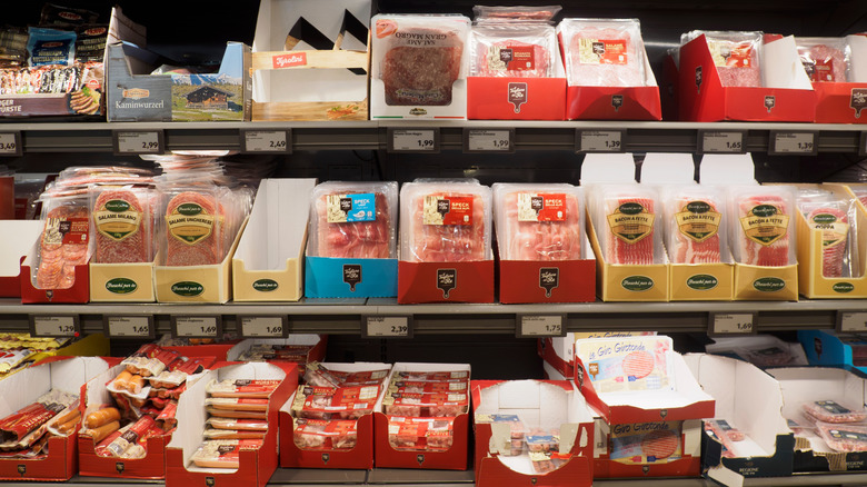 Shelf of Aldi meat products