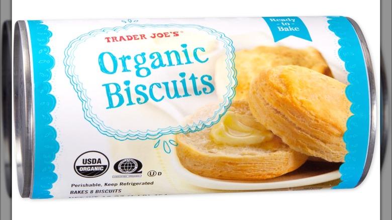 White and blue tube of Trader Joe's Organic Biscuits