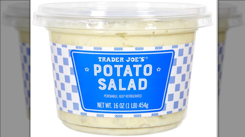 Tub of Trader Joe's Potato Salad with a white background