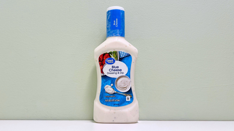 A bottle of Great Value Blue Cheese Dressing
