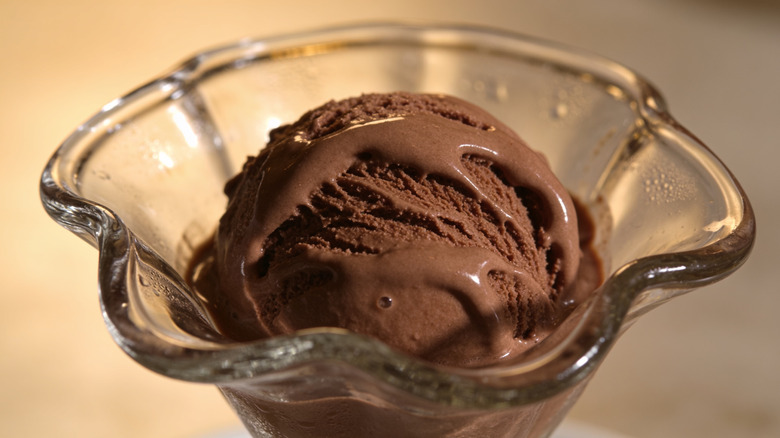 Chocolate gelato in a glass bowl