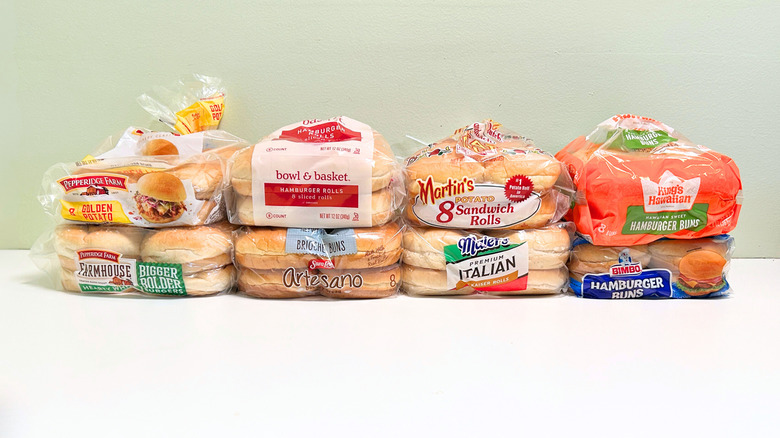 Eight hamburger bun brands stacked together in two rows of four