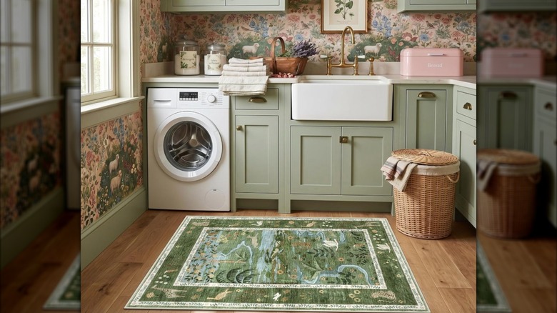 Green runner with animals on kitchen floor