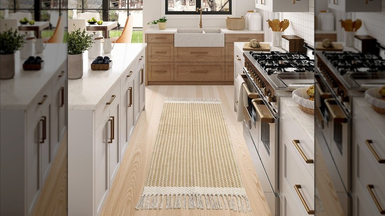fringed khaki rug on kitchen floor