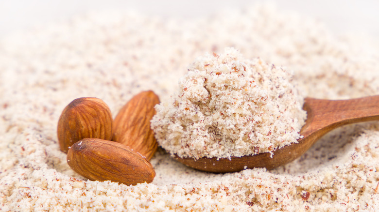 A wooden spoon dips into a large vat of almond flour with three almonds sitting on top