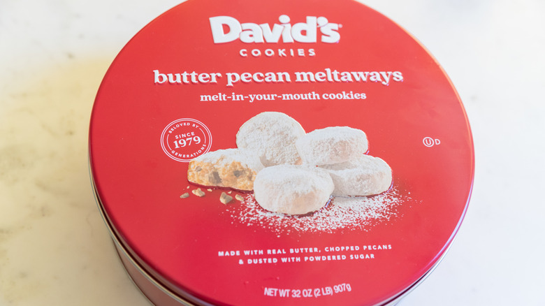 David's cookies red circular tin