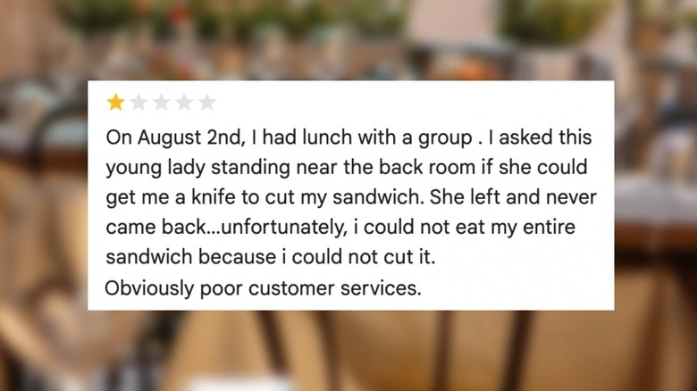 A one-star review complaining about not receiving a knife to cut a sandwich with