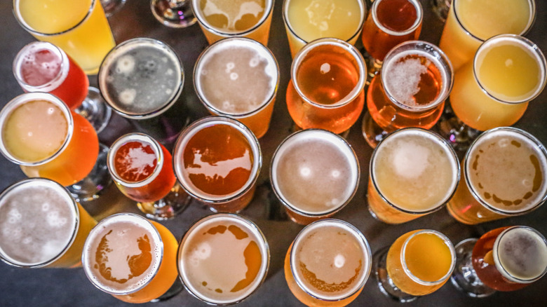 top down view of many various glasses of beer