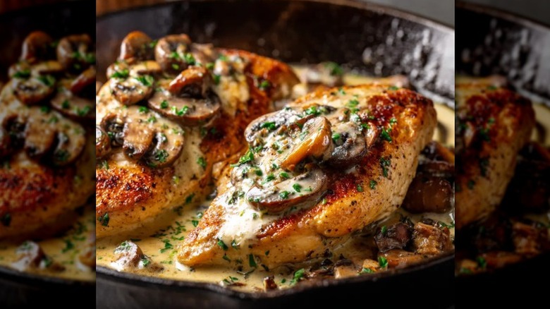 Two chicken breasts smothered in mushrooms, onions, herbs, and gravy in a cast iron skillet