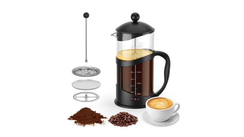 A French press with its components and coffee