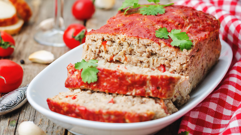 Sliced meatloaf on plate