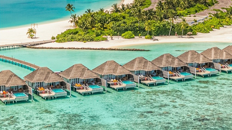 An aerial view of the trees and the huts on the water in the Maldives with a sandy beach in the background