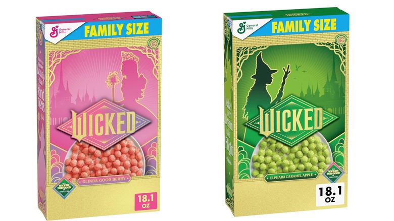 Two boxes of "Wicked"-themed General Mills cereal