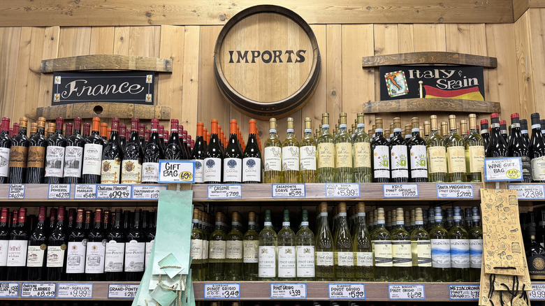 Trader Joes wine section with signs reading "France," "imports," and "Italy & Spain."