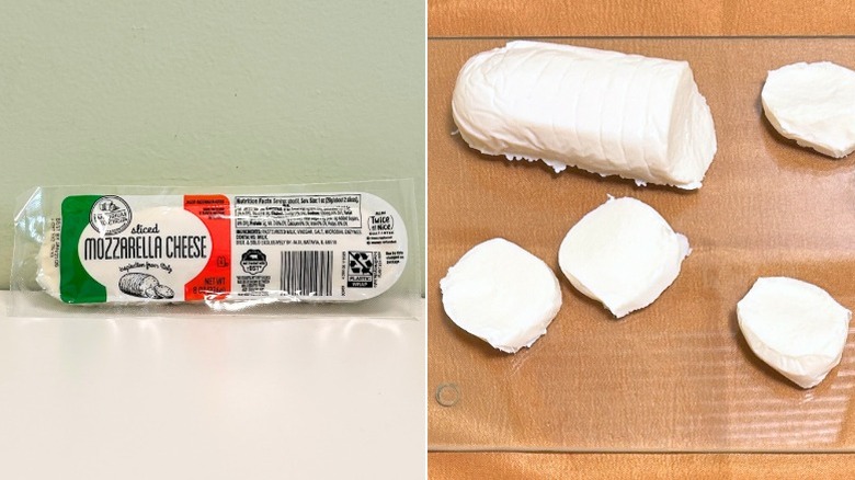 A log of Emporium Selection Sliced Mozzarella Cheese next to mozzarella cheese on a glass cuttingboard