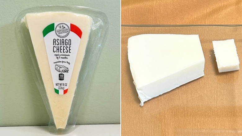 A wedge of Emporium Selection Asiago cheese next to asiago cheese on a glass cutting board