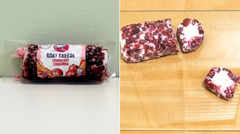 A package of Emporium Selection Cranberry Cinnamon Goat Cheese next to goat's cheese on a clear cutting board