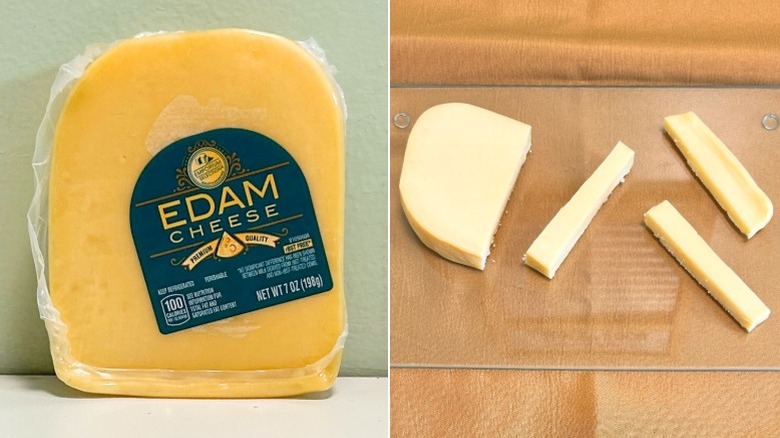 A block of Edam Cheese next to sliced Edam cheese on a glass cutting board
