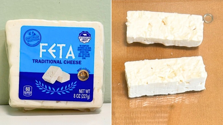 A block of Emporium Selection Feta Traditional Cheese next to two pieces of feta cheese