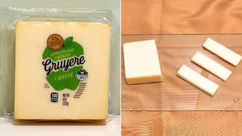 A block of Emporium Selection Applewood Smoked Gruyere Cheese next to gruyere cheese on a glass cutting board