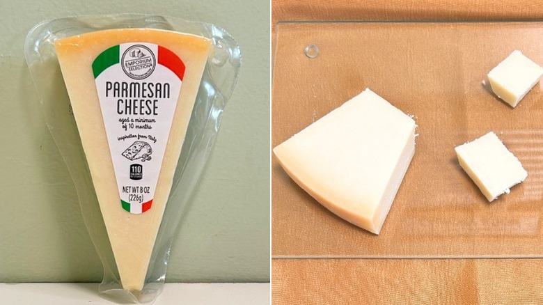 A wedge of Emporium Selection Parmesan Cheese next to parmesan cheese on a glass cutting board