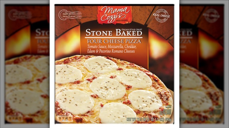 A box of Mama Cozzi's Stone Baked Four Cheese Pizza