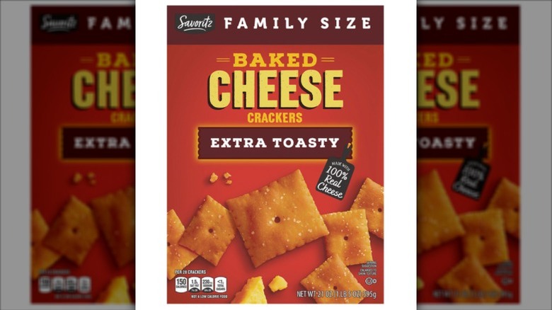 A box of Savoritz Family Size Baked Cheese Extra Toasty Crackers
