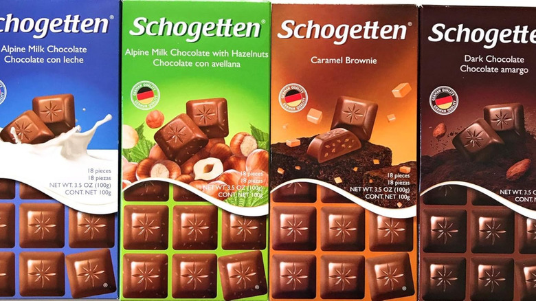 Four Schogetten chocolate bars lined up in a row