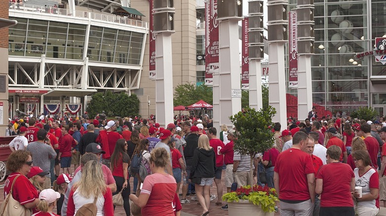 People entering the Great American Ball Park stadium