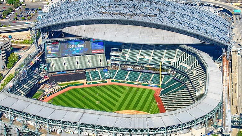 Aerial view of T-Mobile Park with Go Mariners on the big screen