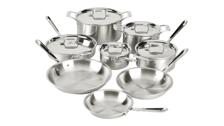 Product image of All-Clad d5 stainless steel 13-piece cookware set in stainless color