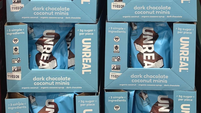 Packages of Unreal dark chocolate coconut minis