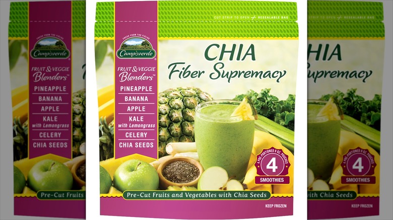 A closeup photo of the package for Campoverde Chia Fiber Supremacy with Pineapple Smoothie Mix against a mirrored background