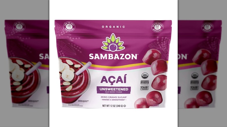 A closeup photo of the package for Sambazon Frozen Unsweetened Acai Berry Globes against a mirrored background