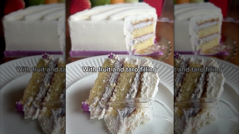 Taro cake slice from 99 Ranch on a white plate with text "With fruit and taro filling"