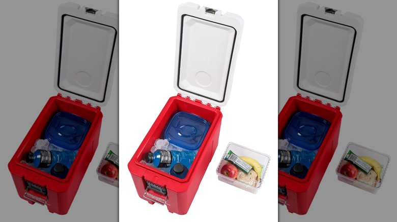 Milwaukee Packout compact cooler with ice, food storage containers, and beverage bottles