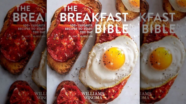 Mirrored image of The Breakfast Bible cover with open face tartines with tomatoes and/or sunny side up eggs on top.