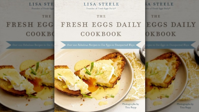 Mirrored image of The Fresh Eggs Daily Cookbook cover with a photo of a runny egg atop toast on the cover.