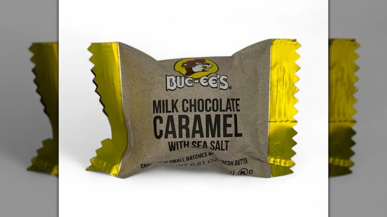 Buc-ee's milk chocolate caramel with sea salt on a white background