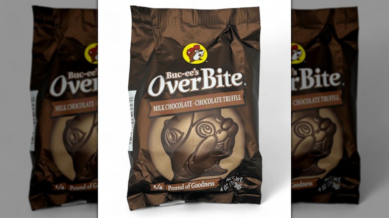 Buc-ee's milk chocolate truffle OverBite on a white background