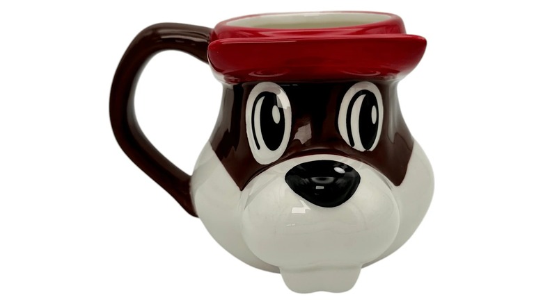 A coffee mug shaped like a 3D rendering of the Buc-ee's mascot's head against a white background