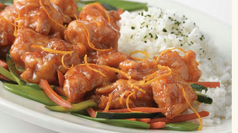 Orange Chicken from The Cheesecake Factory served with vegetables and rice
