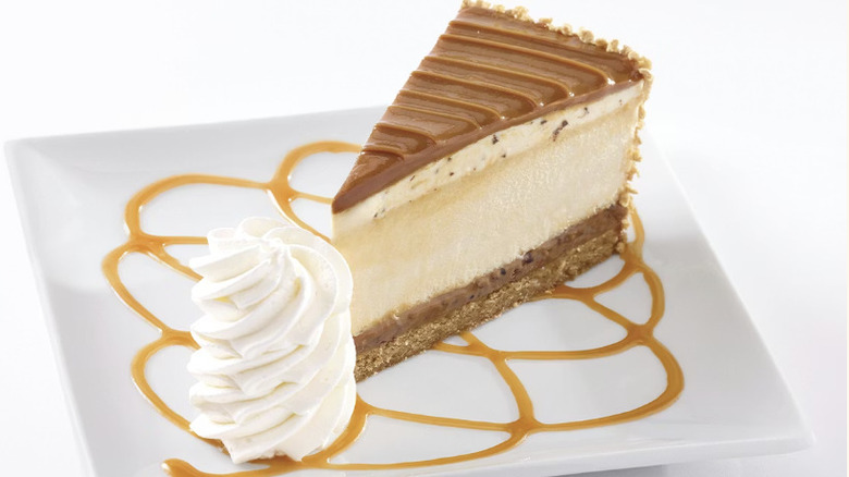 Salted Caramel Cheesecake from The Cheesecake Factory on a white plate