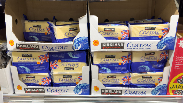 Kirkland Signature Coastal English cheddar on shelves in Costco